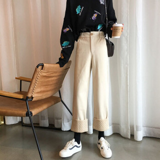 米兰茵（MILANYIN）女装 2019年春季高腰直筒翻折拼接休闲直筒牛仔裤 MLYH299 米色 M