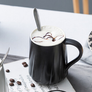 新居意 马克杯咖啡杯陶瓷杯子情侣水杯牛奶杯居家办公室茶杯早餐麦片杯  旋纹 黑 带盖带勺