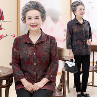 BANDALY 2019春季新品韩版女装衬衫外套中老年奶奶装植物印花长袖上衣 GZJS1073 图2 L