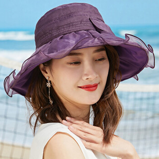 兰诗雨春夏帽子女真丝遮阳帽桑蚕丝海边太阳帽沙滩防晒帽M0751 紫红色