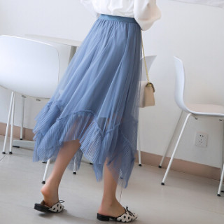 a字仙女裙中长款2019春新款网纱不规则半身长裙蕾丝 ldns-58780 蓝色