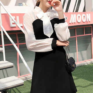 LAXJOY 朗悦  春季新款韩版长袖连衣裙气质拼接假两件连衣裙修身小黑裙 LWQZ191168 白色长袖 XL