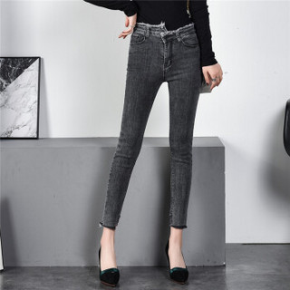 新薇丽（Sum Rayleigh）牛仔裤女2019春季新款 高腰显瘦韩版不规则铅笔裤九分 KXLF2016 黑色 XL