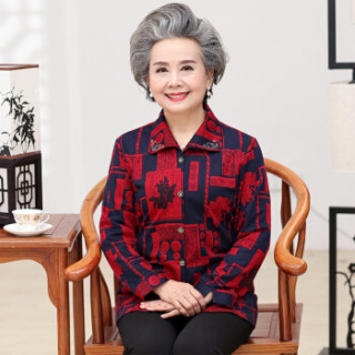 仙丫 2019夏季新品中老年妈妈装奶奶装长袖衬衫女方形印花烫钻打底衫 KKJS8062 卡其色 XL