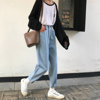 莉夏乐 2019春夏新品女装新款休闲裤扣子装饰小牛仔裤女 zxALYD2890 浅蓝 L