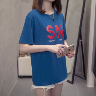 萱旎(XuanNi)ulzzang短袖T恤女2019春夏新品 胖mm200斤宽松显瘦短袖打底衫上衣 MDFS9108 宝蓝 L