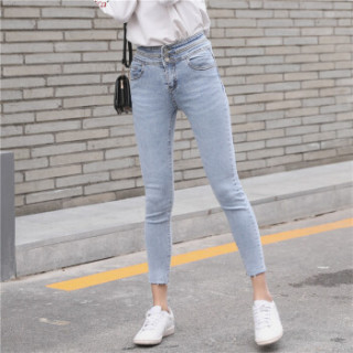曼如芬 毛边牛仔裤女2019新款 韩版修身显瘦小脚牛仔裤高腰弹力铅笔裤九分裤女 BIGB291 浅蓝 XL