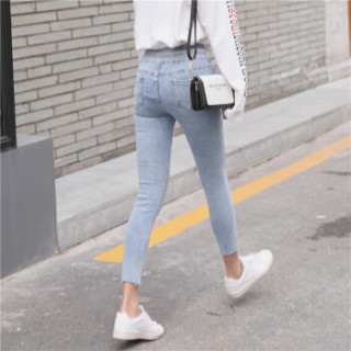 曼如芬 毛边牛仔裤女2019新款 韩版修身显瘦小脚牛仔裤高腰弹力铅笔裤九分裤女 BIGB291 浅蓝 XL