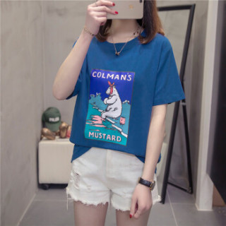 萱旎(XuanNi)大码短袖T恤女2019春夏新品 韩版胖妹妹ins原宿BF风宽松百搭上衣潮 MDFS9109 蓝色 XL
