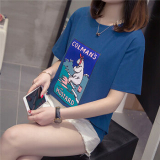 萱旎(XuanNi)大码短袖T恤女2019春夏新品 韩版胖妹妹ins原宿BF风宽松百搭上衣潮 MDFS9109 蓝色 XL