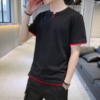 太子龙 夏季新款圆领休闲修身简约拼接假两件打底衫男士衣服男装 8905
