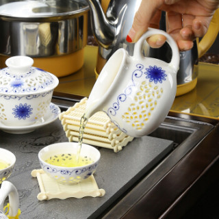 尚帝(shangdi)家用整套茶具实木茶盘陶瓷茶具青花功夫茶具套装茶壶带电热炉四合一 祥云吉祥镂空智能套装