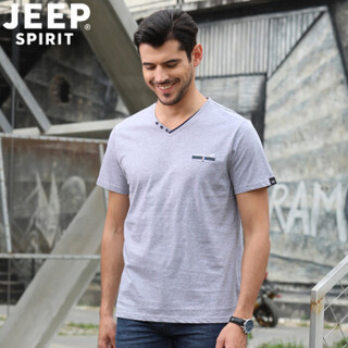 吉普 JEEP男装T恤 2019夏季新品V领纯色棉打底衫男短袖男士T恤衫PY3936 灰色 XL
