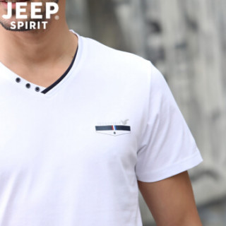 吉普 JEEP男装T恤 2019夏季新品V领纯色棉打底衫男短袖男士T恤衫PY3936 白色 L