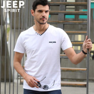 吉普 JEEP男装T恤 2019夏季新品V领纯色棉打底衫男短袖男士T恤衫PY3936 白色 L