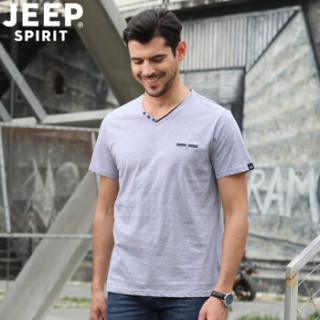 吉普 JEEP男装T恤 2019夏季新品V领纯色棉打底衫男短袖男士T恤衫PY3936 灰色 2XL