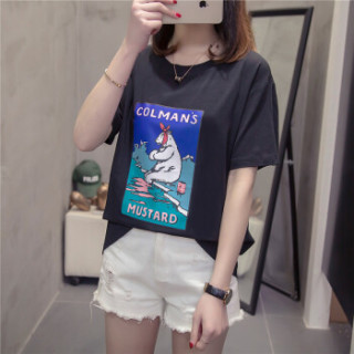 萱旎(XuanNi)大码短袖T恤女2019春夏新品 韩版胖妹妹ins原宿BF风宽松百搭上衣潮 MDFS9109 黑色 L