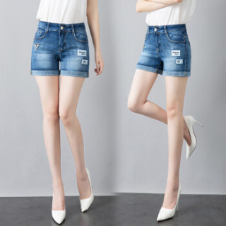 AUDDE 2019夏季新款女装新品蓝色卷边牛仔裤短裤女高腰韩版宽松显瘦热裤阔腿裤 HZD108-1669 蓝色 28