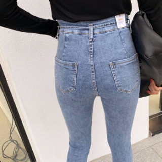 凡淑 2019夏季新品女网红韩国牛仔裤chic风纯色高腰毛边修身显瘦弹力小脚裤 zxALLHZ6588 牛仔色(6588) L