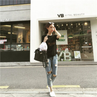 凡淑 2019春夏新品女装胖mm九分牛仔裤大码200斤宽松显瘦乞丐破洞小脚裤潮 cchWMG316 浅蓝色 M