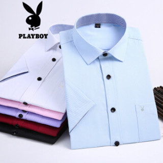 花花公子 PLAYBOY 衬衫男2019新款商务休闲修身纯色抗皱短袖衬衫 69620035 黑色(短袖) 39/L