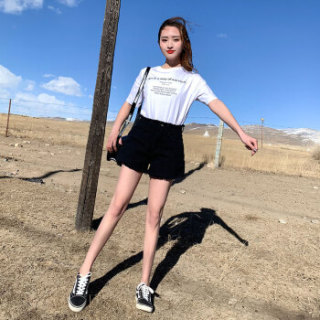 朗悦女装 2019夏季新款牛仔短裤女学生韩版A字型高腰阔腿短裤 LWKN193146 黑色 29