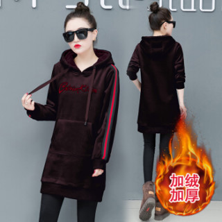莉夏乐 2018秋冬装新品卫衣女装金丝绒卫衣长袖中长款韩版宽松加绒加厚连帽外套 zx1124-503 黑色 XXXL