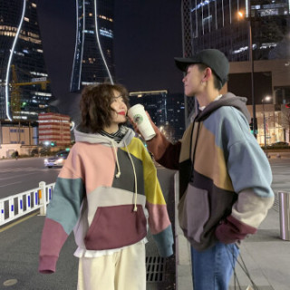 BANDALY 2019春季新款女装新品卫衣女情侣卫衣港风拼接连帽套头衫撞色外套 yzA469-1905 粉色 M