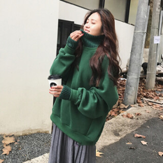 JOY OF JOY 2018冬季新款假两件加绒加厚卫衣女宽松纯色港味原宿风ins半高领套头女 JWWY18T168 绿色 M