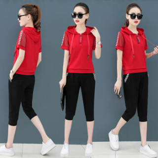 仙丫 2019夏季新款女装新品卫衣女韩版时尚跑步健身短袖休闲服两件套 HZ5068-5510 黑色 XXXL