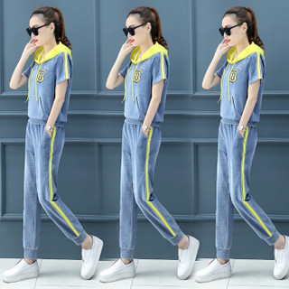 堡晟 2019夏季新款女装新品牛仔裤休闲运动套装韩版气质时尚洋气短袖两件套 HZ5048-19113 黄色 XL