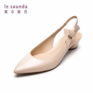 le saunda 莱尔斯丹 尖头浅口中粗跟套脚蝴蝶结拼接时尚优雅凉鞋女 LS AM43603 米色 37