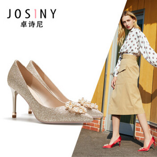 Josiny 卓诗尼 女超高跟尖头浅口细跟水钻金属装饰时装晚宴鞋J191D940J721 浅金色 37