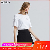 ochirly欧时力2019新款夏圆领印花荷叶边短袖t恤女1ZZ1028190