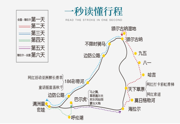 全国多地-内蒙古呼伦贝尔+满洲里+海拉尔区+额尔古纳6天5晚跟团游