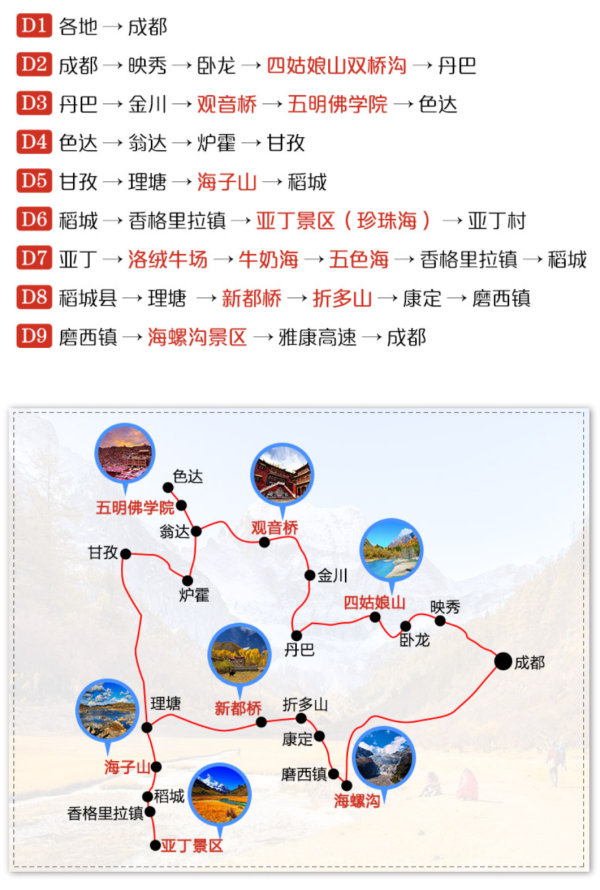 川西环游!成都-色达+稻城亚丁+新都桥+四姑娘山+海螺沟9天8晚跟团游