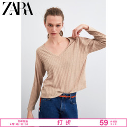 ZARA 新款 TRF 女装 纹理V领宽松长袖T恤 00219306712