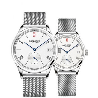 艾戈勒（AGELOCER）琉森系列瑞士手表简约全自动机械腕表情侣对表大日历 银色钢带罗马 1101A9-1201A9