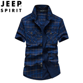 吉普（JEEP）短袖衬衫 男士格子衬衫夏季休闲宽松加大码工装衬衣 RSC245 蓝色 XL