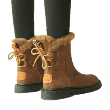 YIYA 毅雅 欧美风时尚潮流小圆头低跟保暖长毛绒内里防滑短筒雪地靴女 813388 卡其色 36