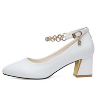 LAIKAJINDUN 莱卡金顿 韩版粗跟尖头高跟浅口水钻一字扣女单鞋 6615 白色 36