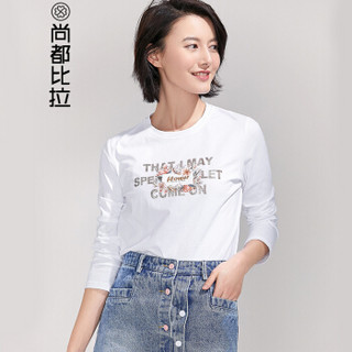 尚都比拉（Sentubila）时髦烫画印花长袖T恤2019春季新品简约休闲 Q91T0724337 白色 XL