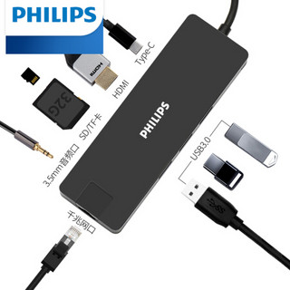 京选 | 飞利浦Type-C扩展坞9合1 USB-C转HDMI+USB*3+SD/TF+PD+3.5mm音频+千兆网口 SWR1608K/93