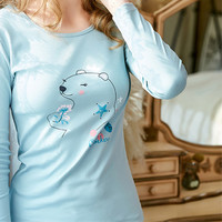 海之宁 秋衣秋裤女纯棉套装学生可爱青少年初高中女生打底内衣修身薄款秋冬季 H81QWNT020 蓝色小熊 L码