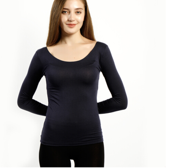 商品京东京造 女士薄款圆领九分袖内衣 发热纤维打底衫性感修身t恤 藏