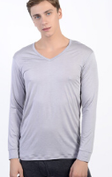 J.ZAO 男士V领薄款长袖内衣 发热纤维修身T恤 浅灰色 M码