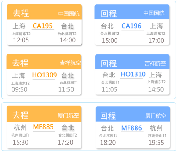 上海\/杭州\/无锡\/温州-台北6-8日往返机票 可订接