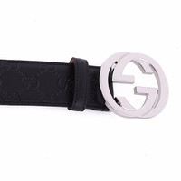 GUCCI 古奇 411924 男款小牛皮暗纹双黑色压花双 G商务休闲板扣牛皮腰带