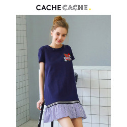 CacheCachet恤裙女夏新款法式复古裙过膝很仙的荷叶边短袖连衣裙