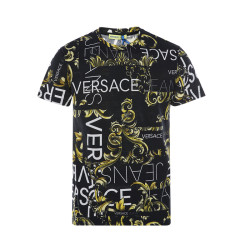 VERSACE JEANS 经典印花图案黑色圆领纯棉材质男士半袖T恤